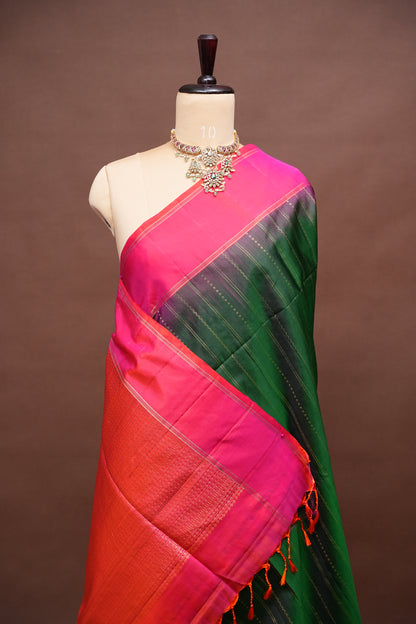 Pure Soft Silk Saree - Deep Emerald Green with Pink