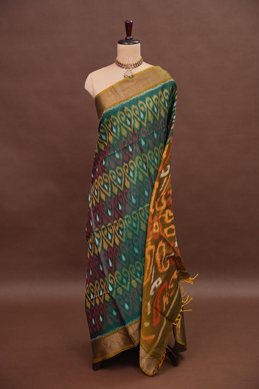 Pure Ikkat Silk Cotton Saree - Bottle Green & Mustard