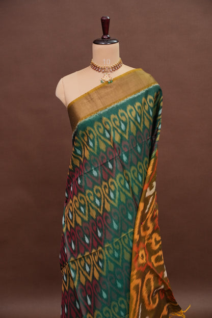 Pure Ikkat Silk Cotton Saree - Bottle Green & Mustard