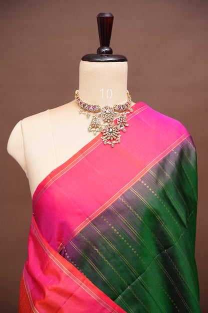 Pure Soft Silk Saree - Deep Emerald Green with Pink