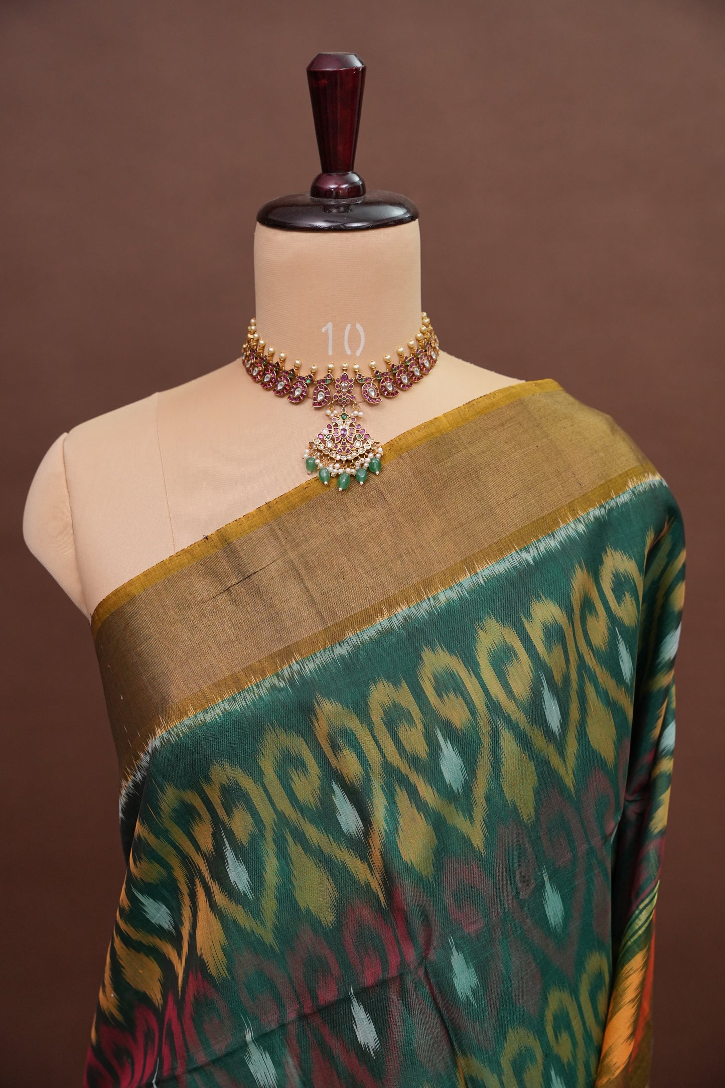 Pure Ikkat Silk Cotton Saree - Bottle Green & Mustard