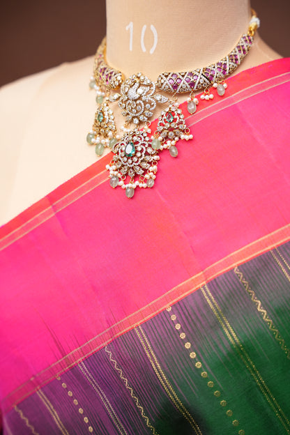 Pure Soft Silk Saree - Deep Emerald Green with Pink