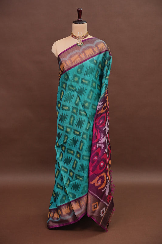 Pure Ikkat Silk Cotton Saree - Turquoise & Deep Purple