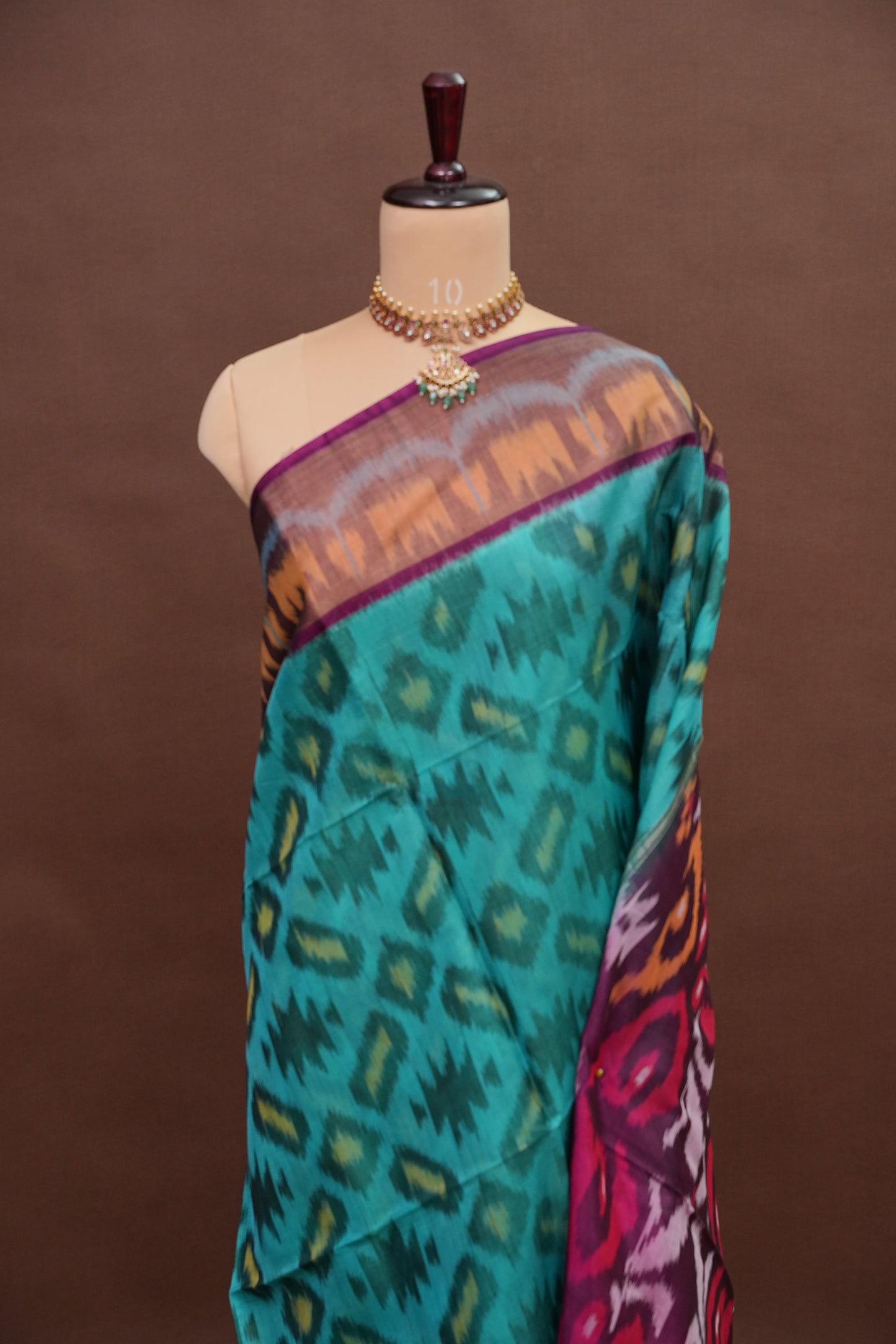 Pure Ikkat Silk Cotton Saree - Turquoise & Deep Purple