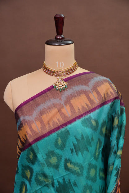 Pure Ikkat Silk Cotton Saree - Turquoise & Deep Purple