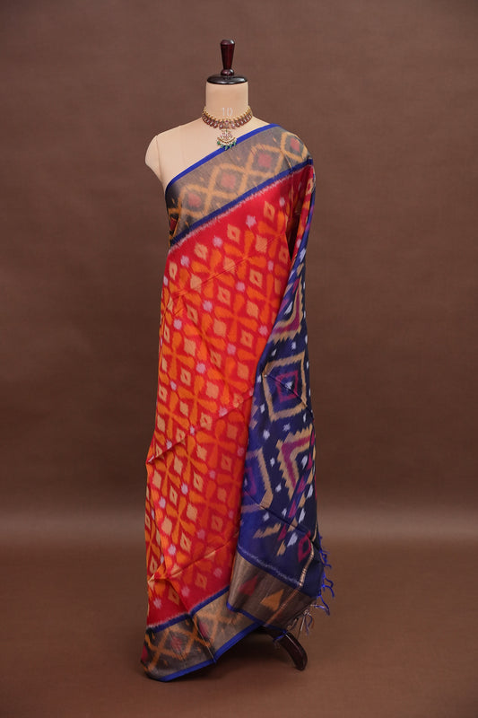 Pure Ikkat Silk Cotton Saree - Red & Royal Blue