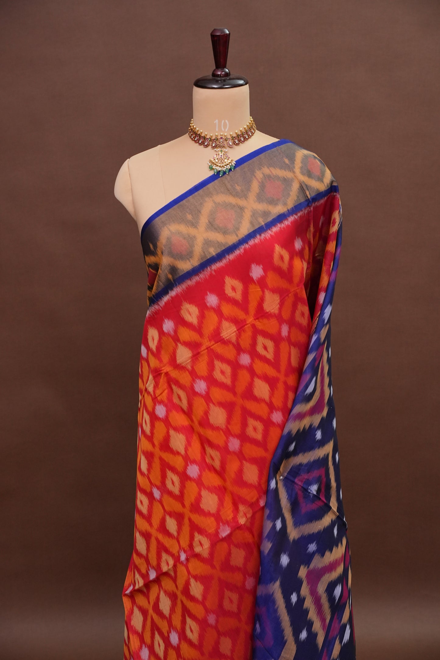 Pure Ikkat Silk Cotton Saree - Red & Royal Blue