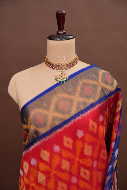 Pure Ikkat Silk Cotton Saree - Red & Royal Blue