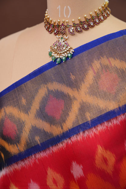 Pure Ikkat Silk Cotton Saree - Red & Royal Blue