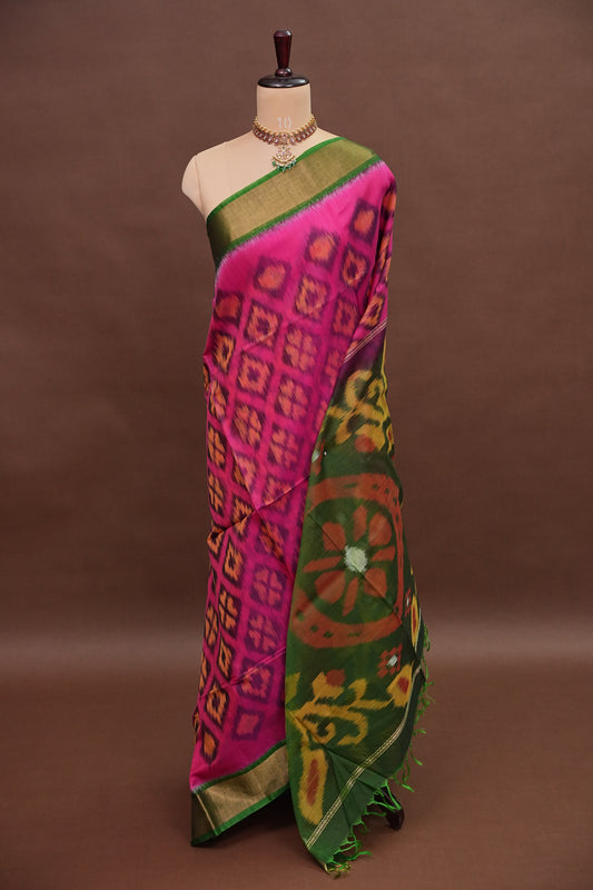 Pure Ikkat Silk Cotton Saree - Pink & Emerald Green
