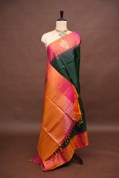 Pure Soft Silk Saree - Bottle Green & Orange