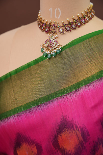 Pure Ikkat Silk Cotton Saree - Pink & Emerald Green
