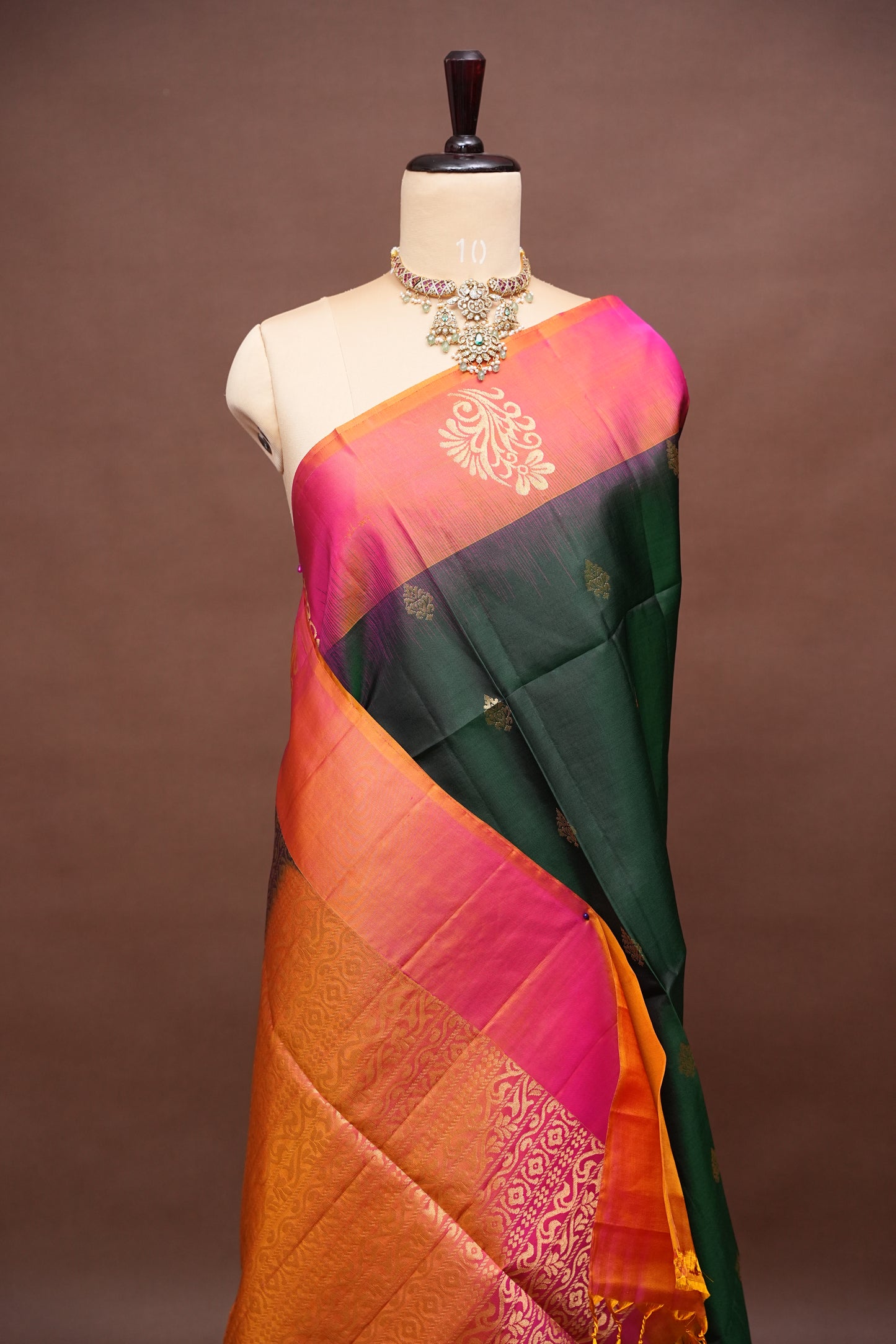 Pure Soft Silk Saree - Bottle Green & Orange