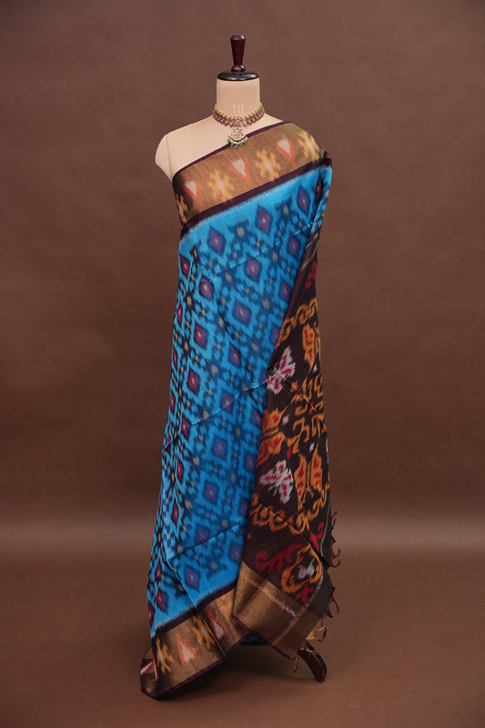 Pure Ikkat Silk Cotton Saree - Blue & Coffee