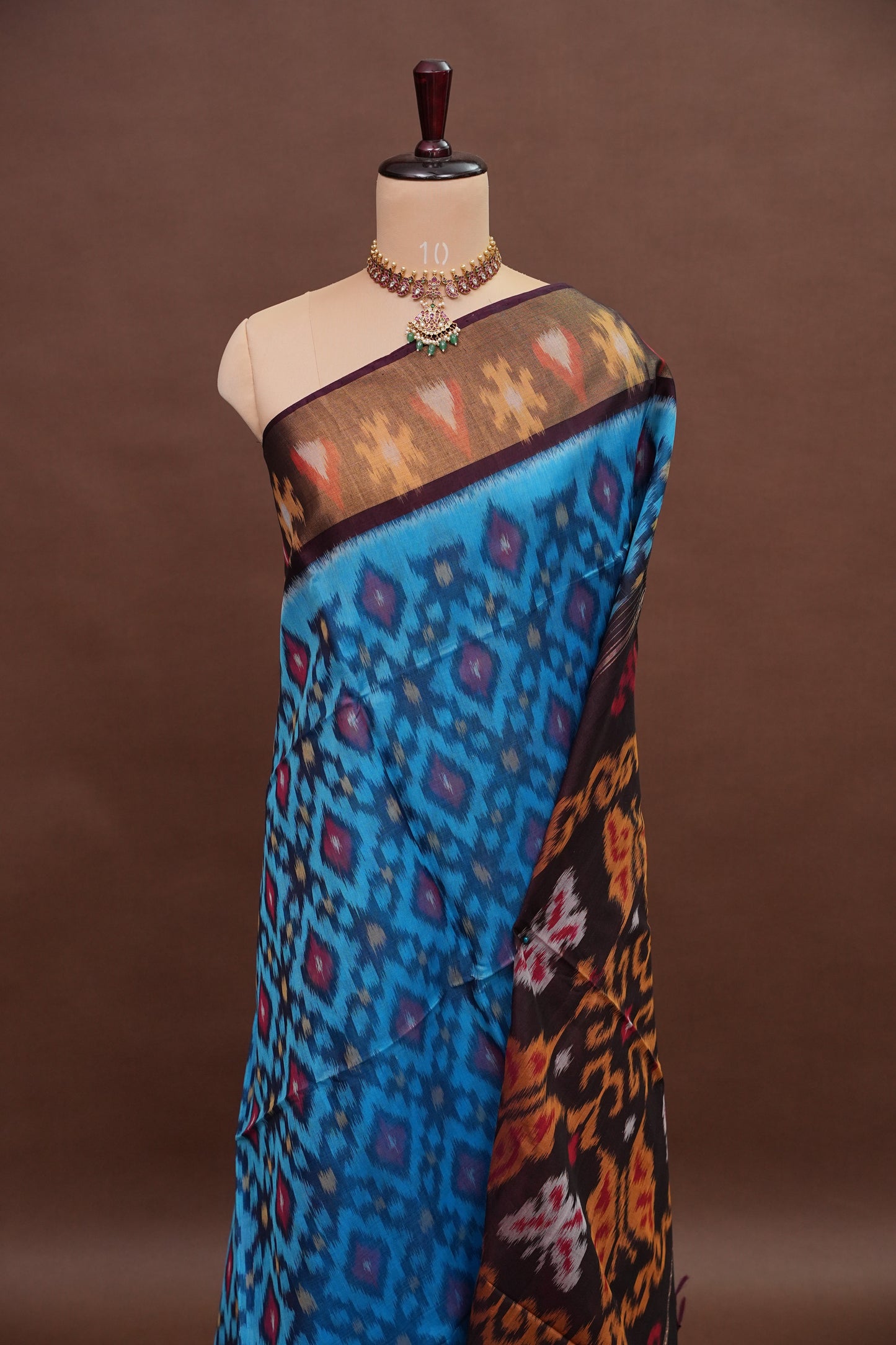 Pure Ikkat Silk Cotton Saree - Blue & Coffee