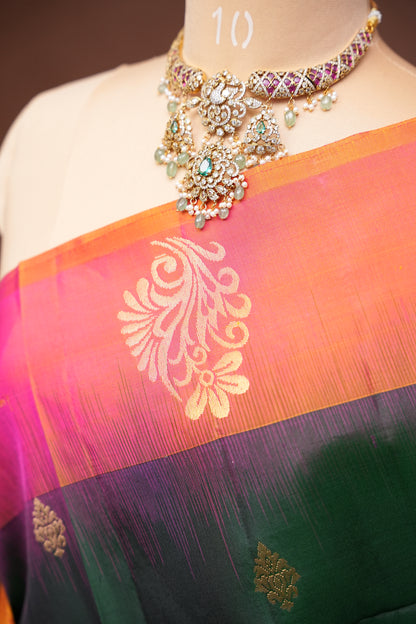 Pure Soft Silk Saree - Bottle Green & Orange