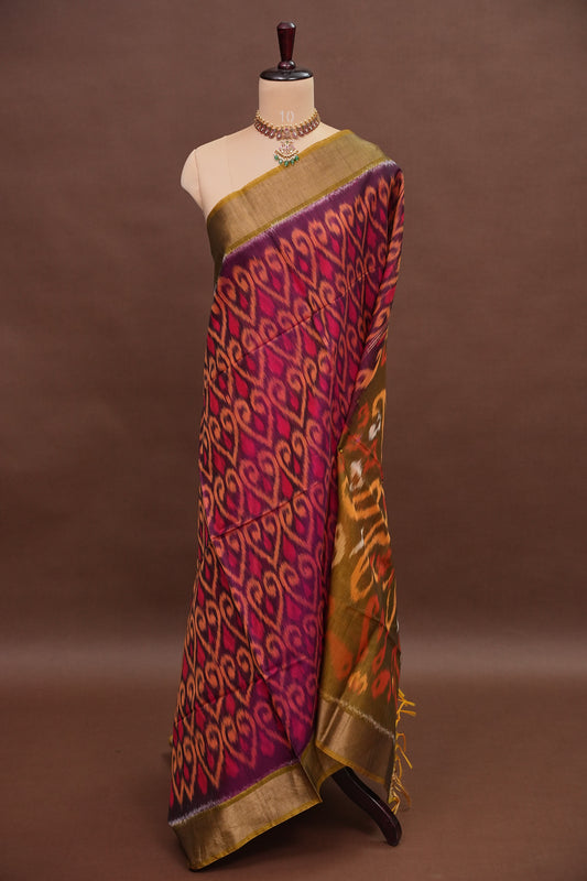Pure Ikkat Silk Cotton Saree - Wine & Mustard