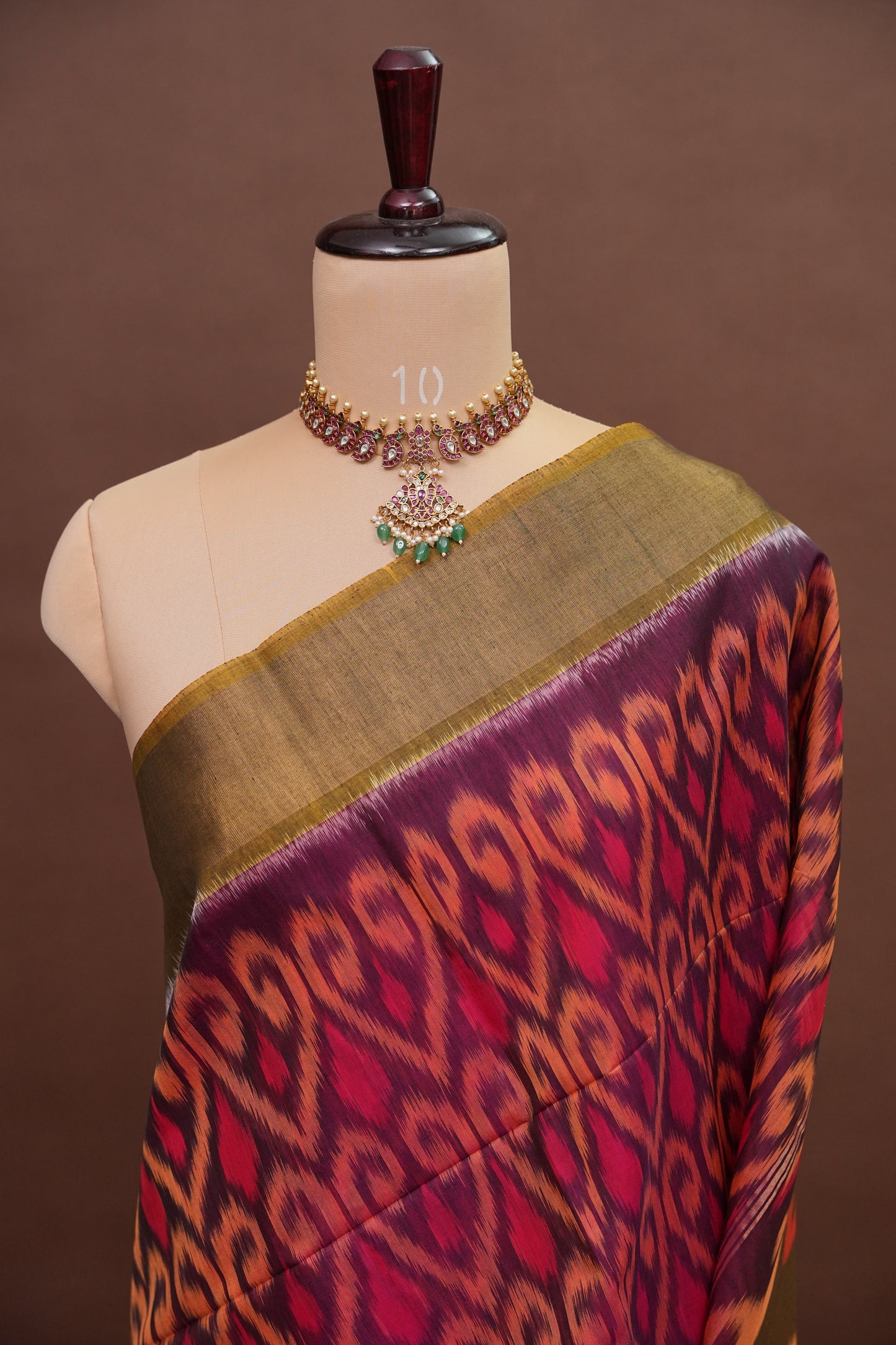 Pure Ikkat Silk Cotton Saree - Wine & Mustard