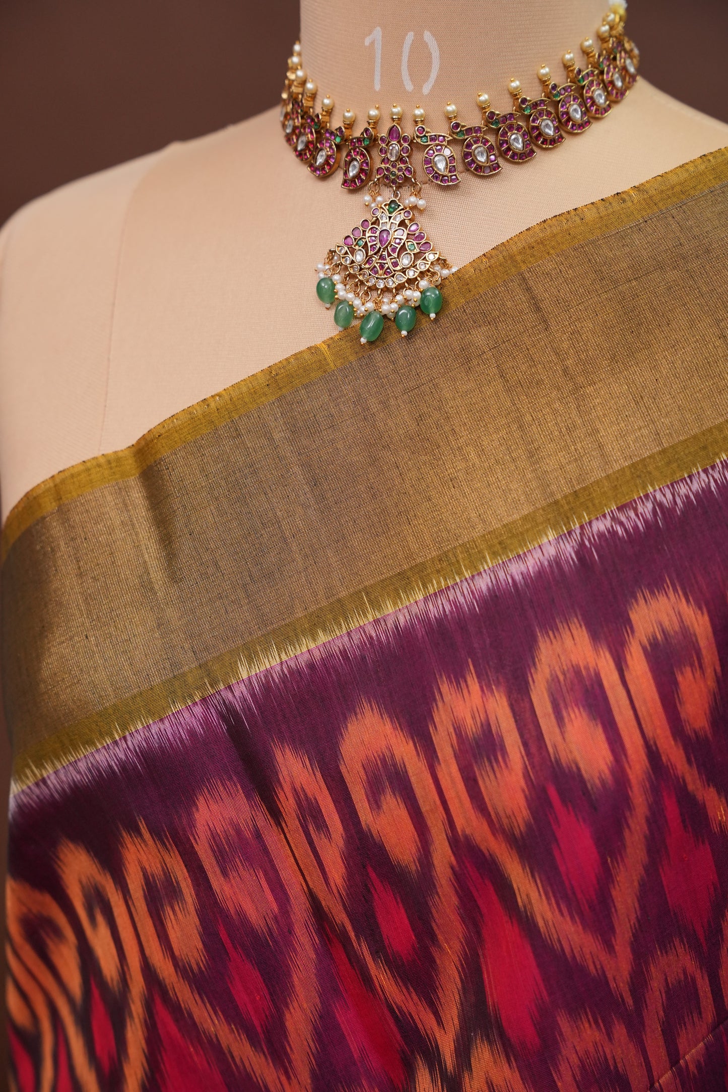 Pure Ikkat Silk Cotton Saree - Wine & Mustard