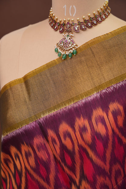 Pure Ikkat Silk Cotton Saree - Wine & Mustard