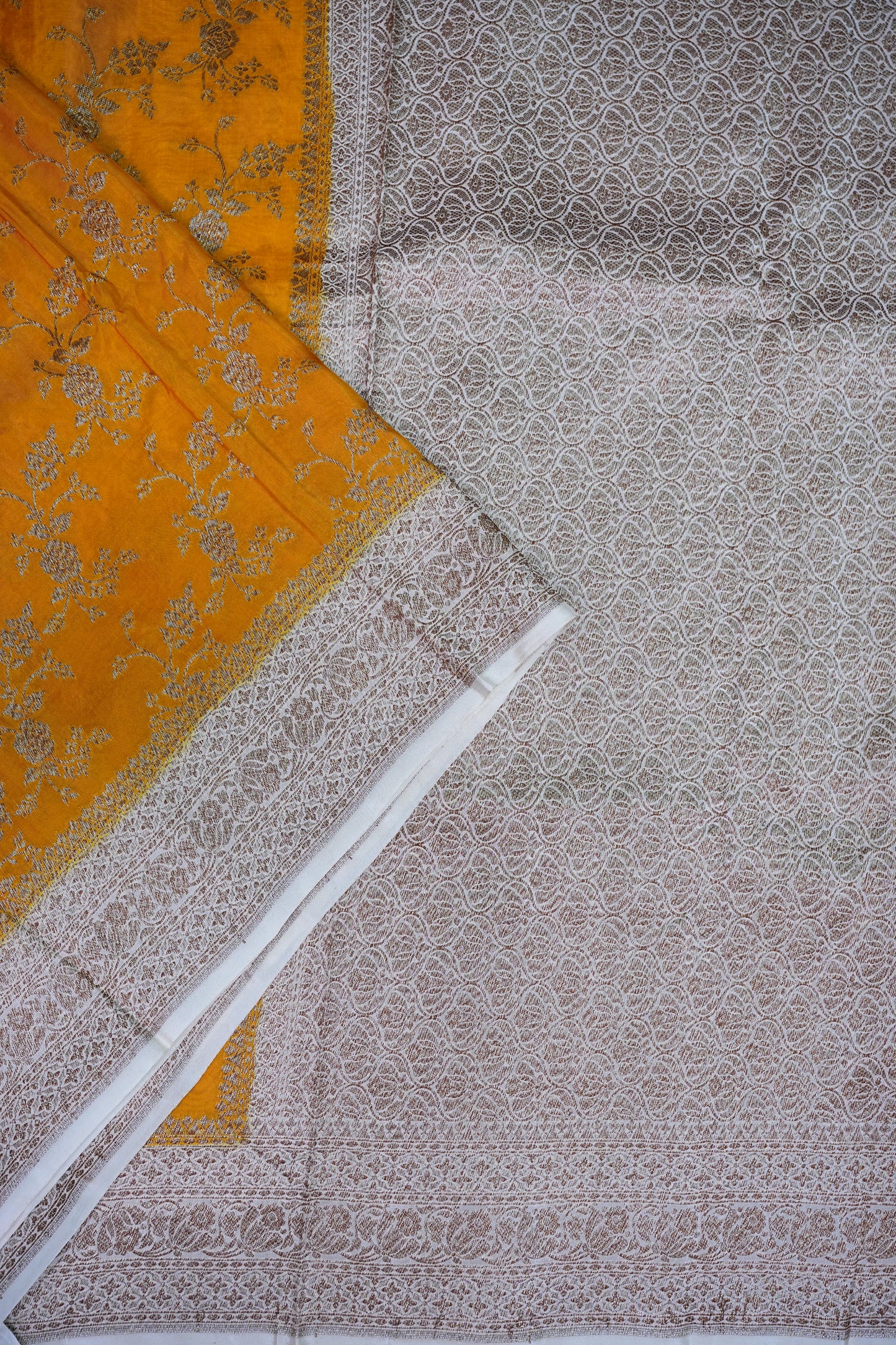 Khaddi Georgette Crepe Silk Saree with Antique Border – Mustard & White