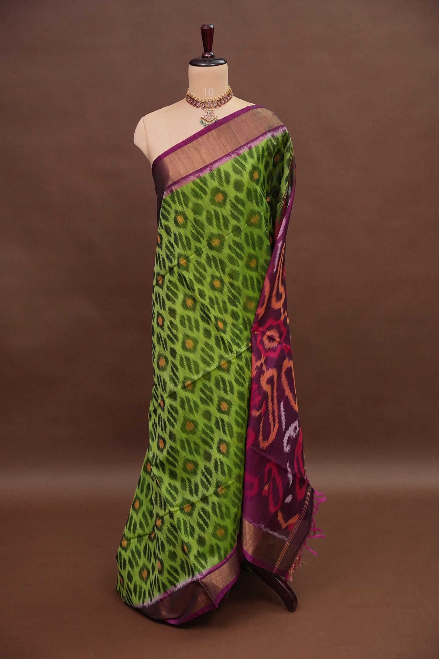Pure Ikkat Silk Cotton Saree - Green & Purple