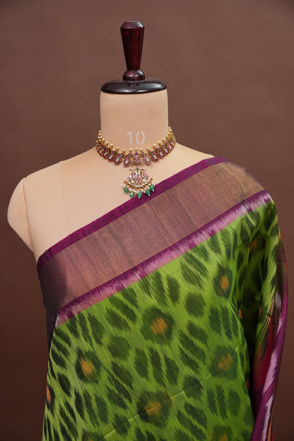 Pure Ikkat Silk Cotton Saree - Green & Purple