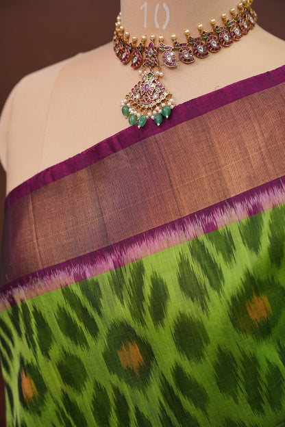 Pure Ikkat Silk Cotton Saree - Green & Purple