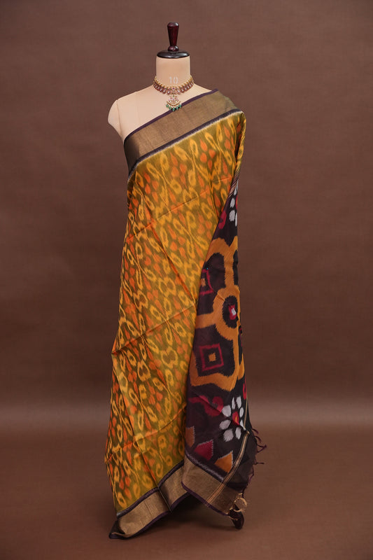 Pure Ikkat Silk Cotton Saree - Mustard with Coffee