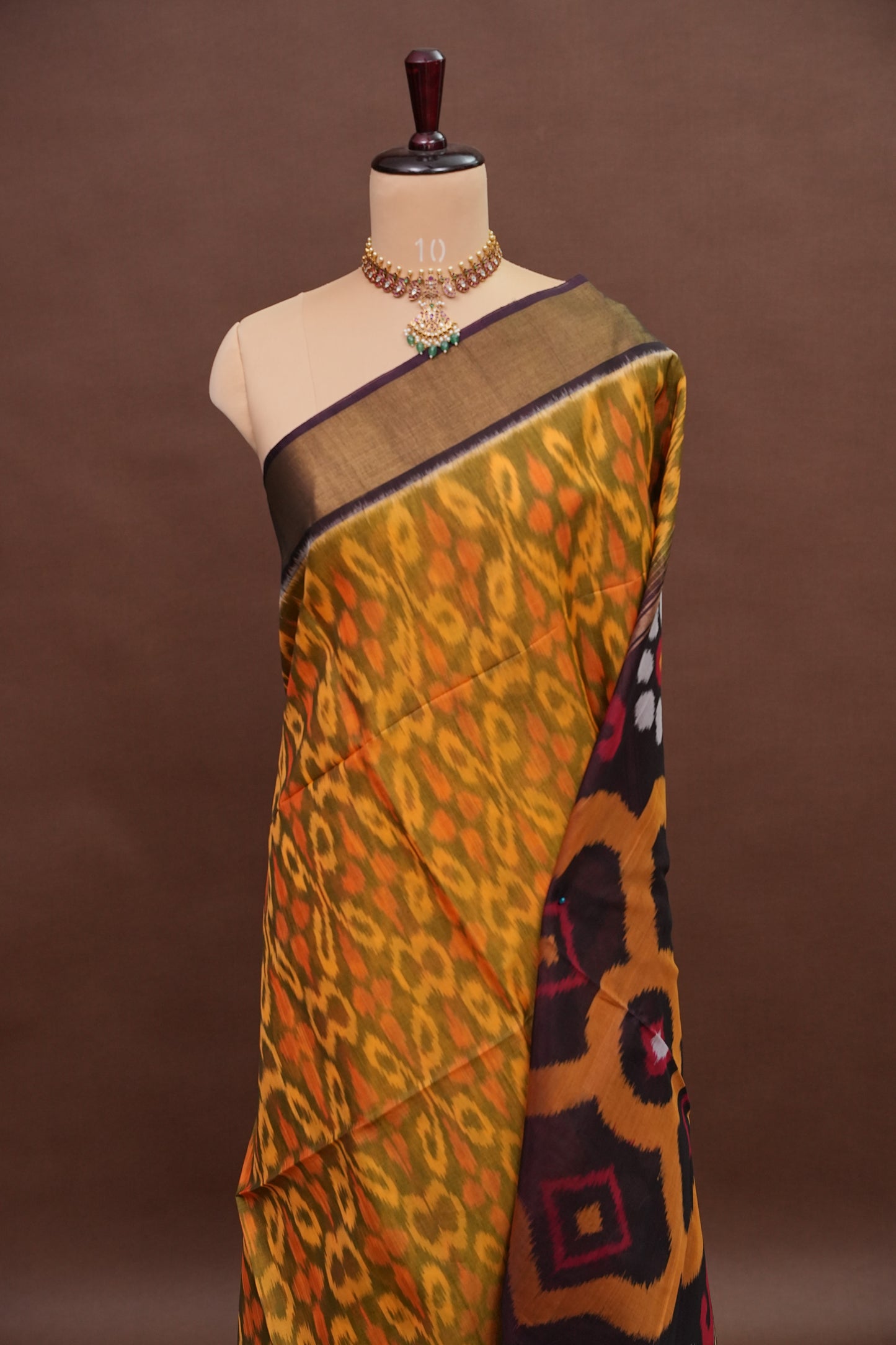 Pure Ikkat Silk Cotton Saree - Mustard with Coffee