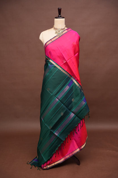 Pure Soft Silk Saree - Pink with Deep Emerald Green