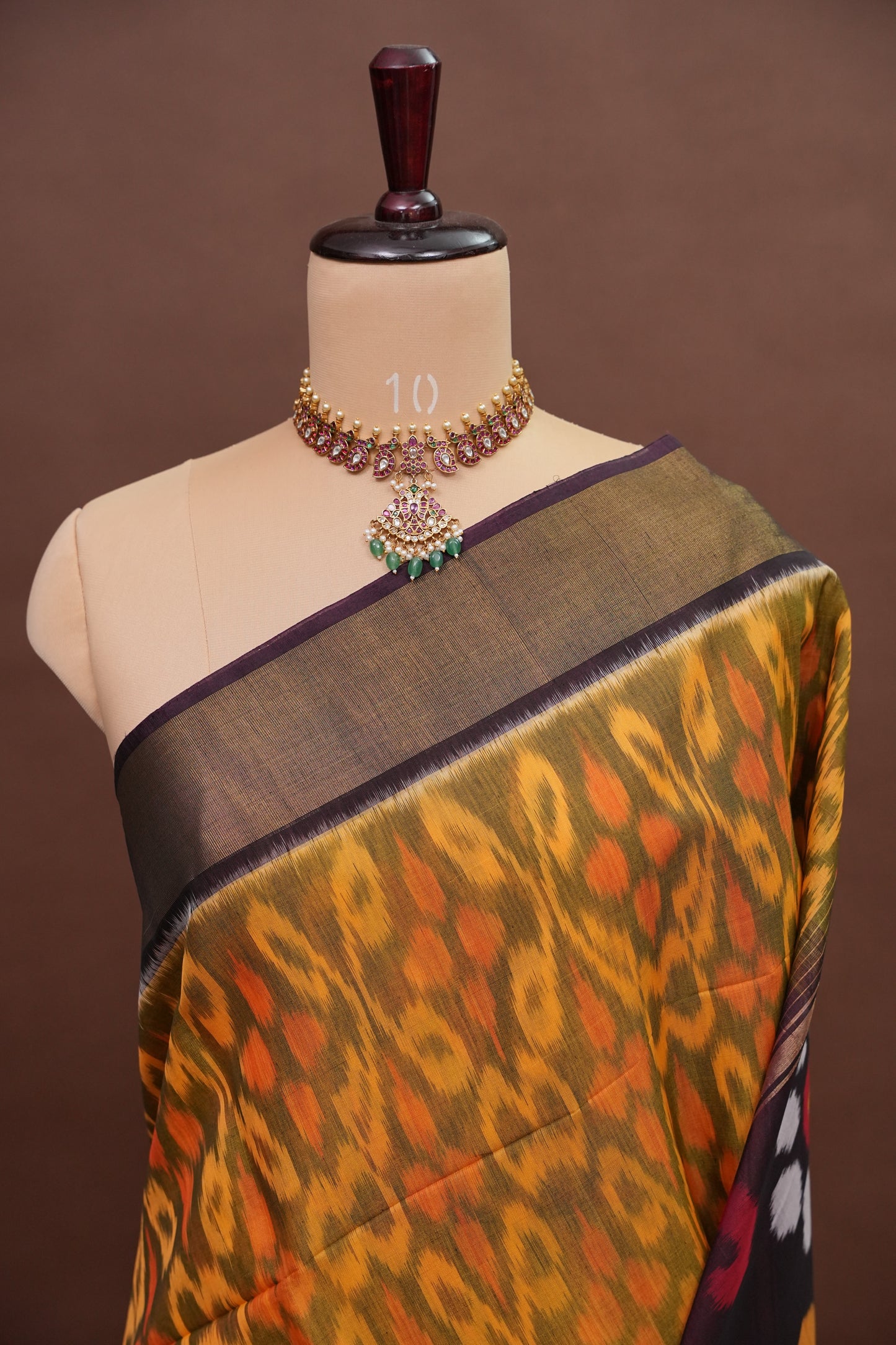 Pure Ikkat Silk Cotton Saree - Mustard with Coffee
