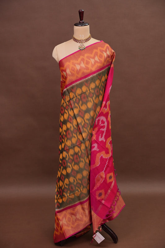 Pure Ikkat Silk Cotton Saree - Mustard & Grey with Pink