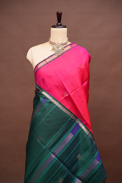 Pure Soft Silk Saree - Pink with Deep Emerald Green