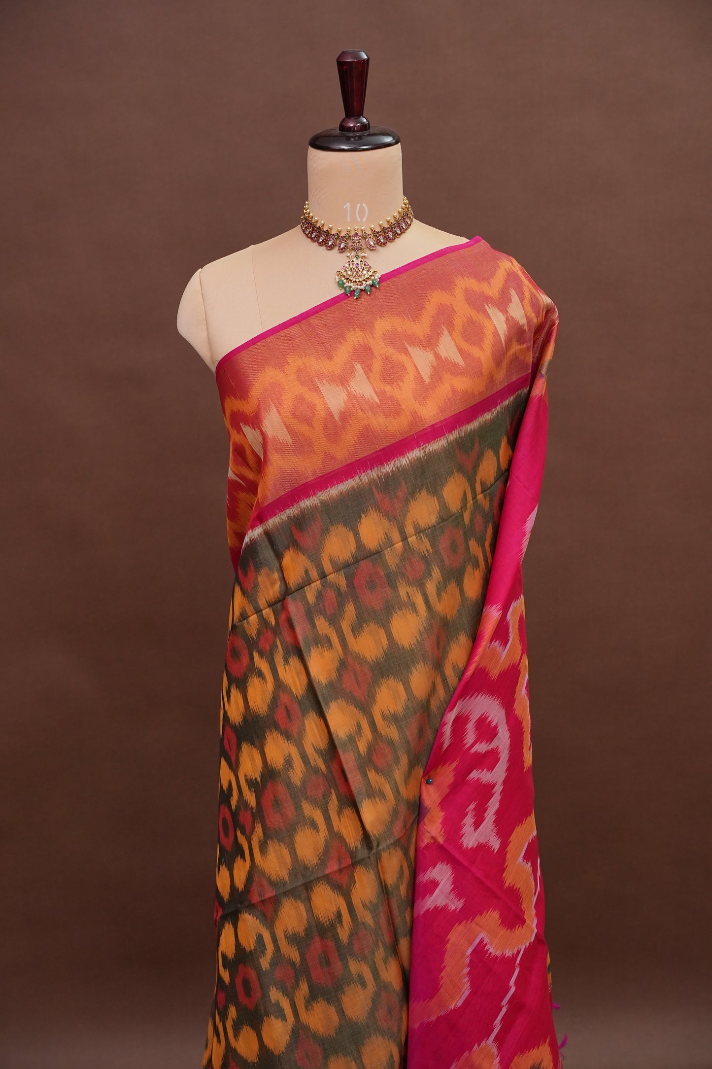 Pure Ikkat Silk Cotton Saree - Mustard & Grey with Pink