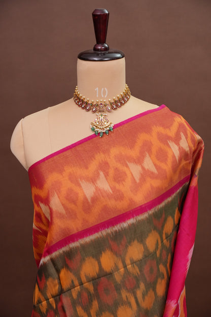 Pure Ikkat Silk Cotton Saree - Mustard & Grey with Pink