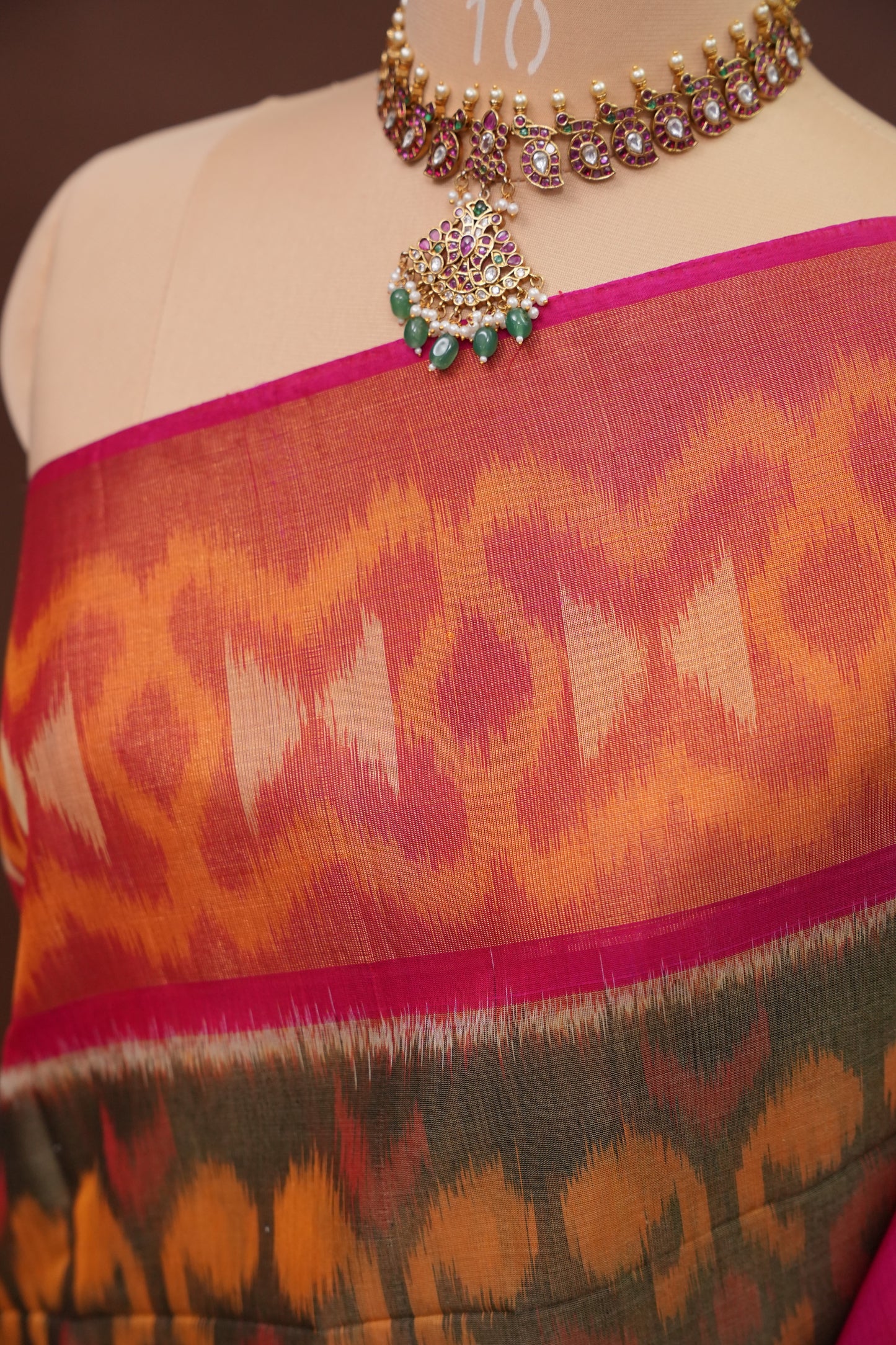 Pure Ikkat Silk Cotton Saree - Mustard & Grey with Pink