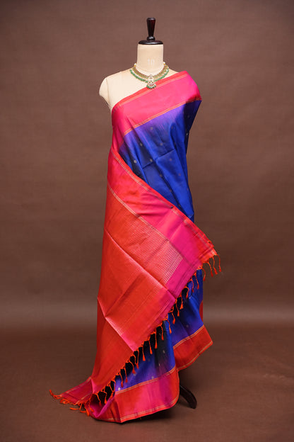 Pure Soft Silk Saree - Royal Blue with Pink and Orange