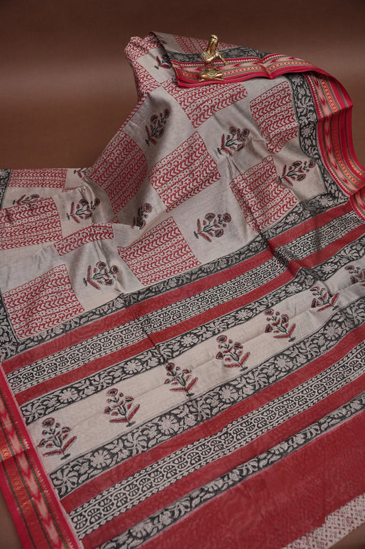 Chanderi Silk Cotton Block Printed Saree - Grey & Red