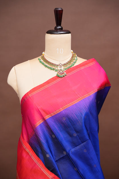 Pure Soft Silk Saree - Royal Blue with Pink and Orange