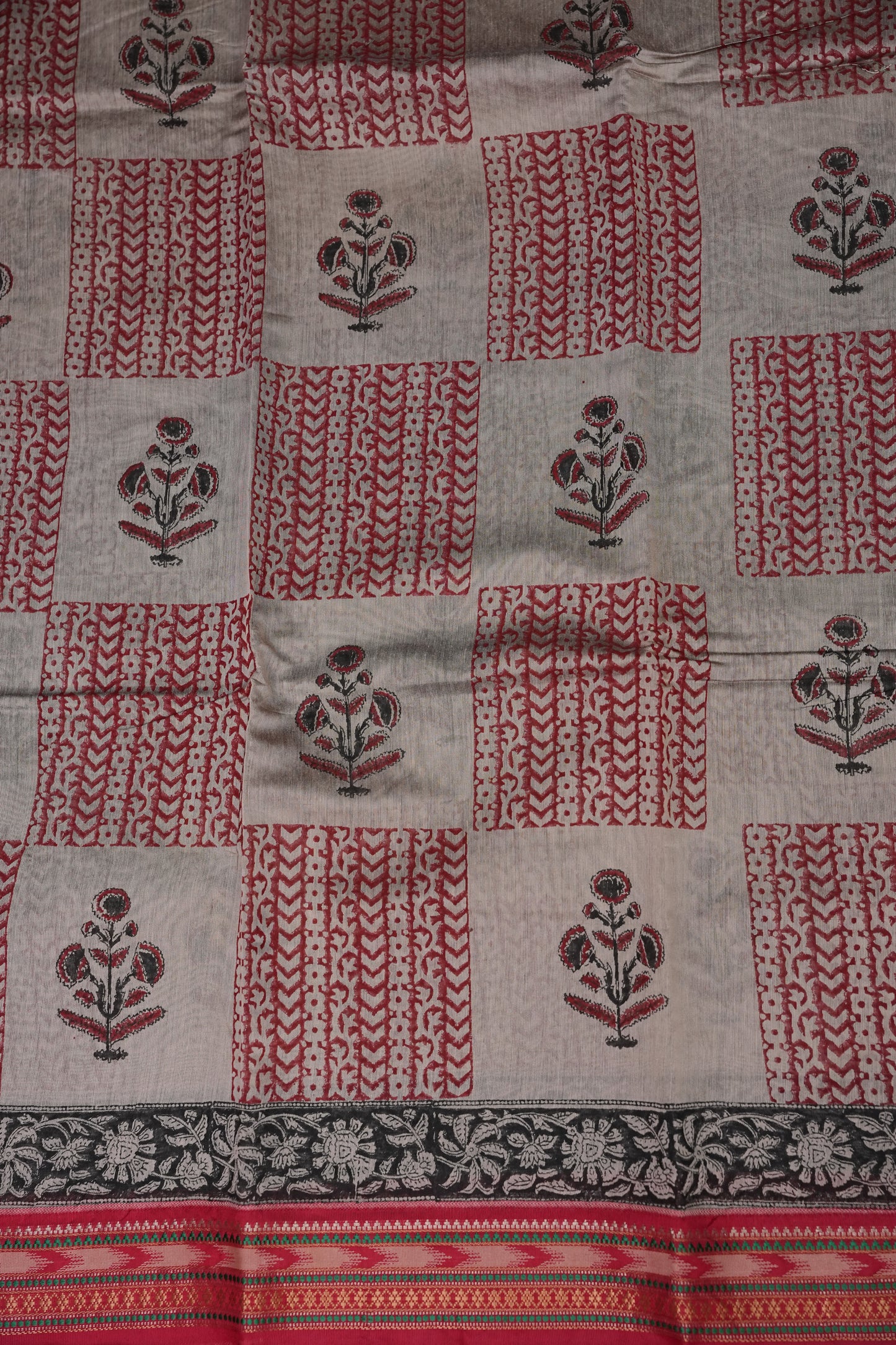 Chanderi Silk Cotton Block Printed Saree - Grey & Red