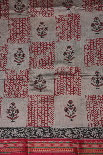 Chanderi Silk Cotton Block Printed Saree - Grey & Red
