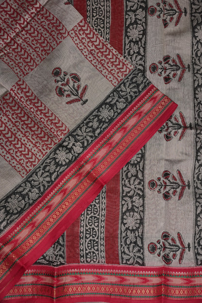 Chanderi Silk Cotton Block Printed Saree - Grey & Red