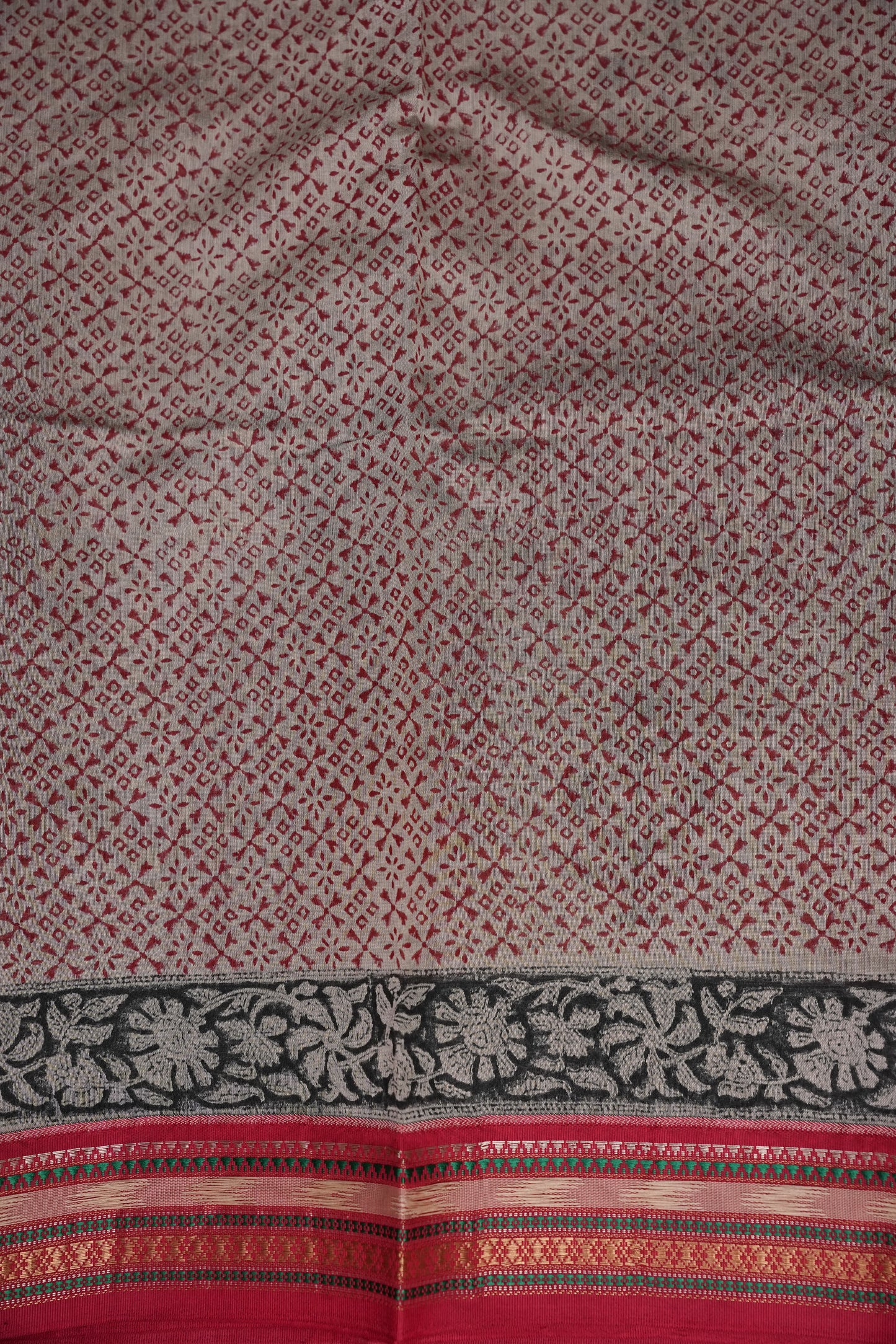 Chanderi Silk Cotton Block Printed Saree - Grey & Red