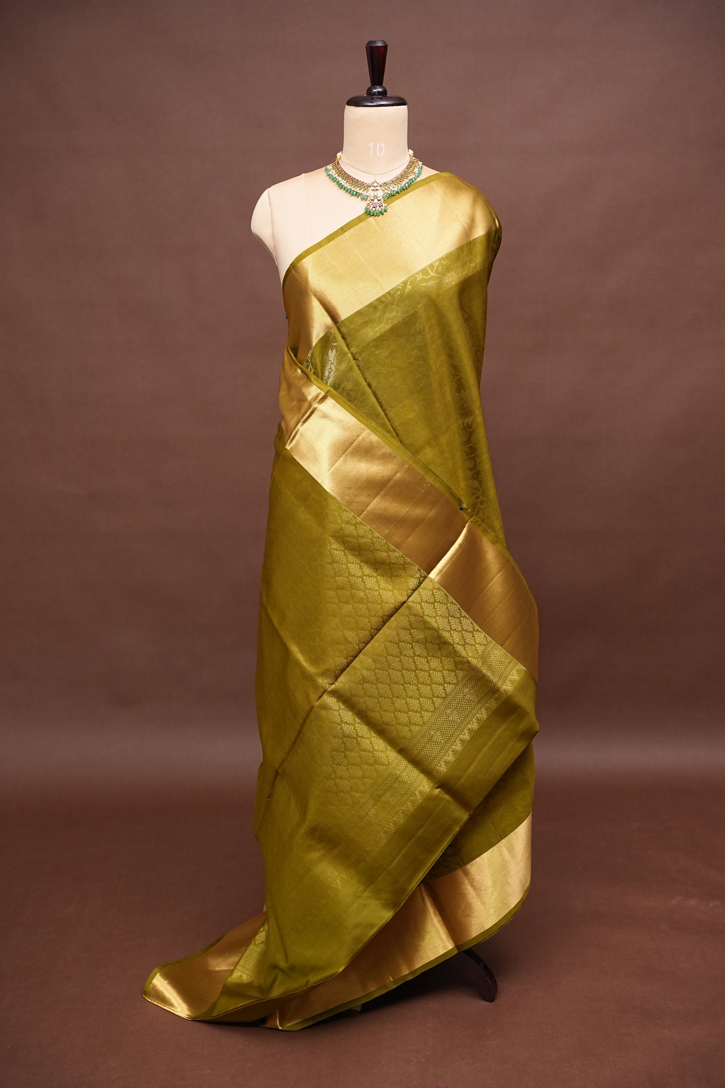 Pure Soft Silk Saree - Olive Green with Gold
