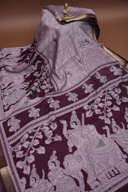 Chanderi Silk Cotton Kalamkari Printed Saree - Lavender