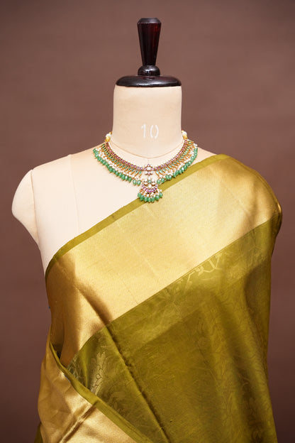 Pure Soft Silk Saree - Olive Green with Gold