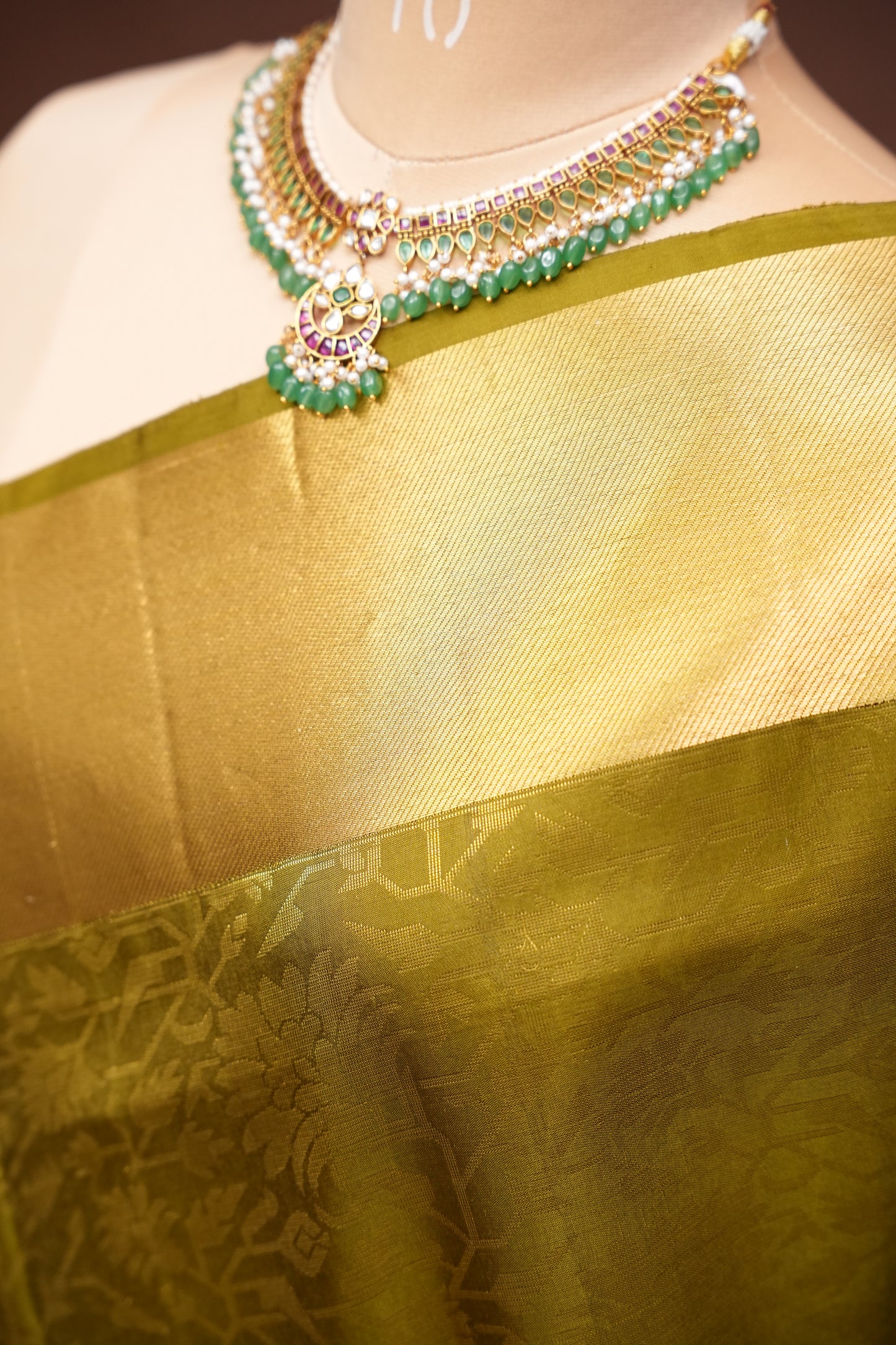 Pure Soft Silk Saree - Olive Green with Gold