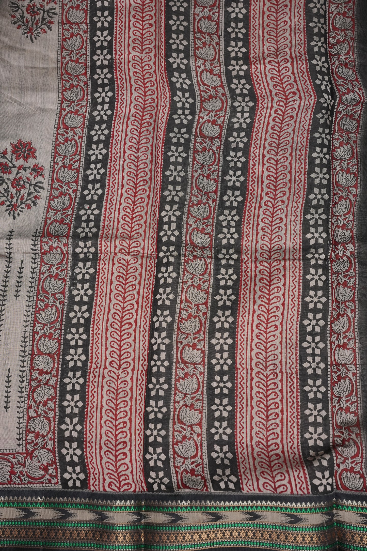 Chanderi Silk Cotton Block Printed Saree - Grey & Black