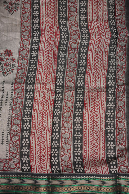 Chanderi Silk Cotton Block Printed Saree - Grey & Black